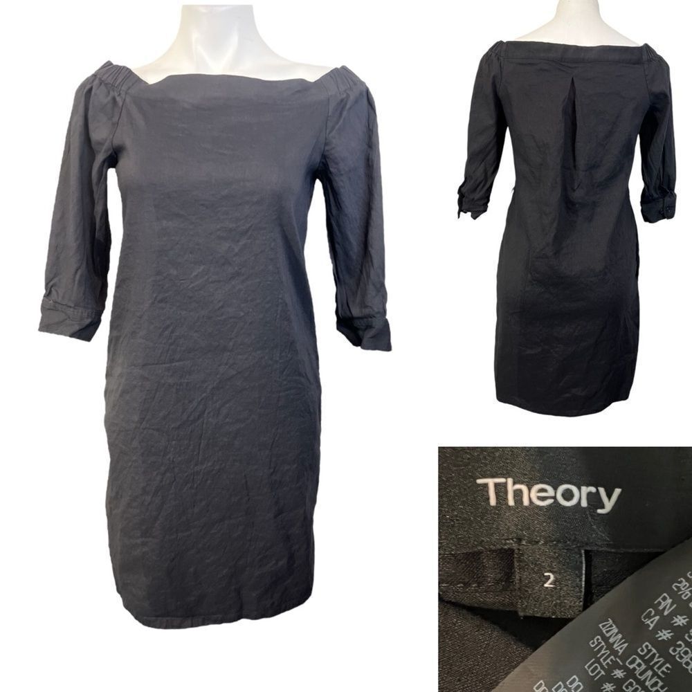 Theory Zizinna Off-the-Shoulder Poplin Dress Sz 2‎ Black linen blend cocktail -5